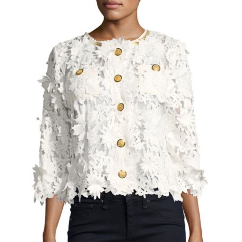 MICHAEL SIMON Textured WHITE Floral Sheer Cropped Blazer Gold hardware SZ:Small